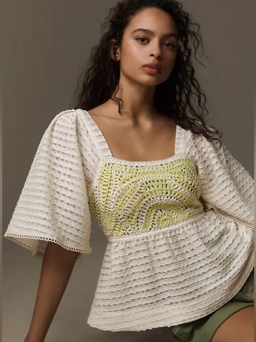 Sarah Hann Blouse Womens Small White Crochet Square Neck Peplum Short Sleeve Top